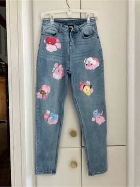 BT21 Light Blue Straight-Leg Jeans with Pink Character Patches